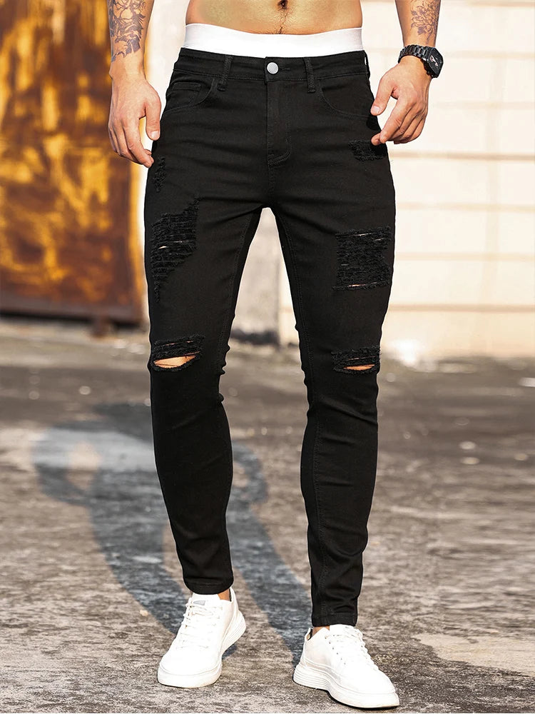 Fashion Men's Street Ripped Jeans Pure Black Stretch.
