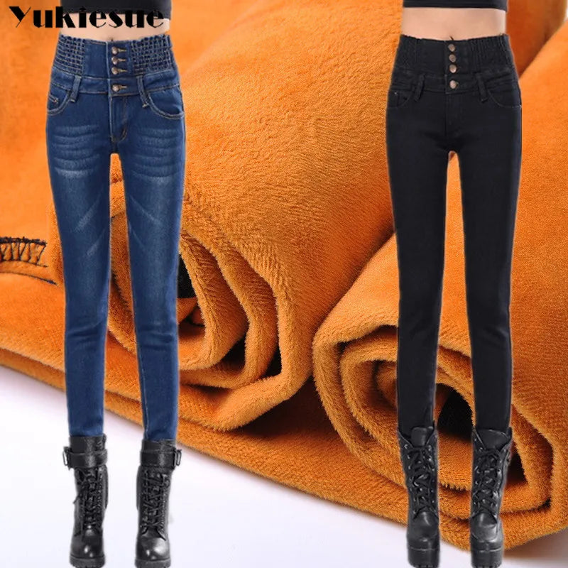 Womens Winter Jeans High Waist Skinny Pants Fleece /no velvet Elastic Waist Jeggings Casual clothes Jeans For Women Warm Jeans