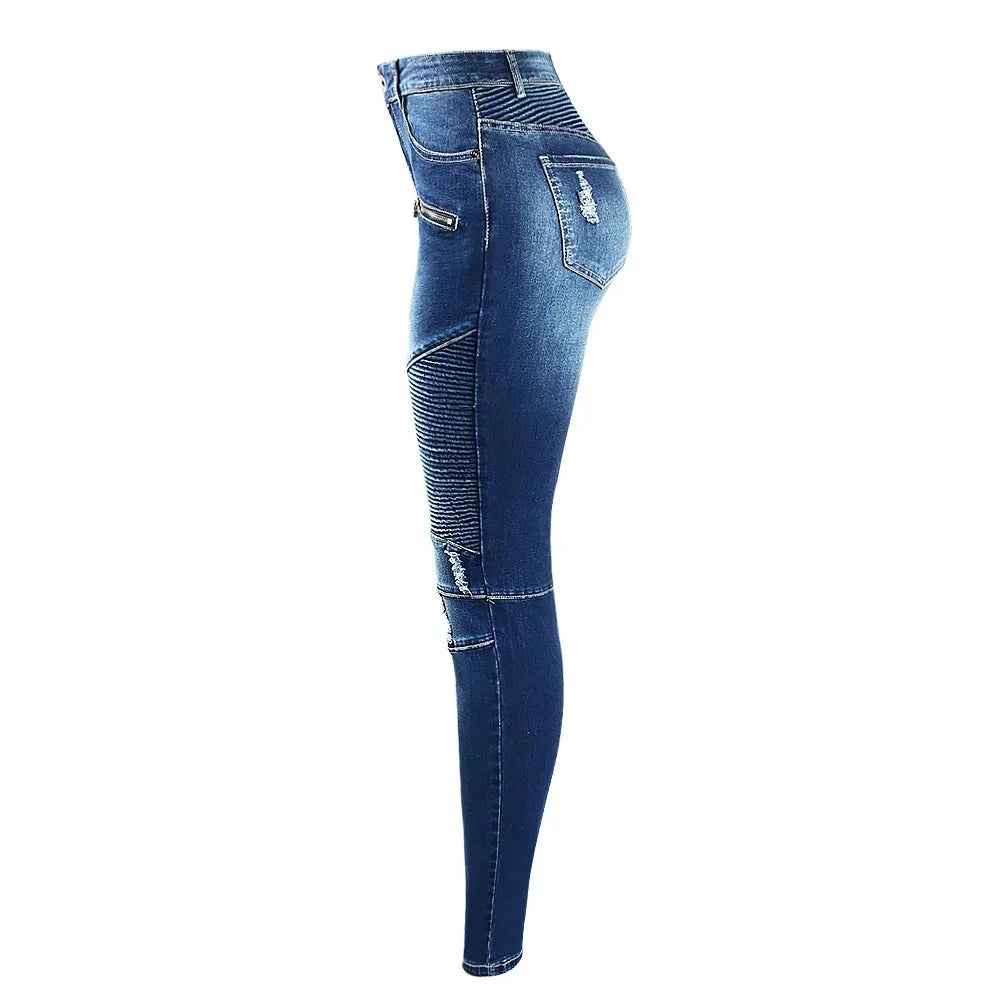Women`s Fashion Motor Biker Style Jeans Mid High Waist Denim Skinny Pants.